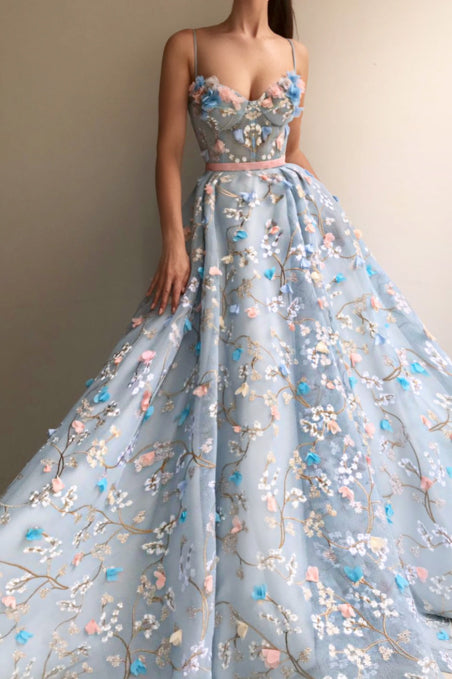 Spaghetti Strap Sweetheart Prom Dress Long with Lace Flowers, Gorgeous Formal Dress N1367