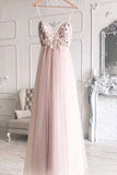 Charming Spaghetti Straps Deep V-Neck Tulle Prom Dresses with Flowers N2390