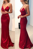 Simple Spaghetti Straps V Neck Dark Red Mermaid Long Evening Prom Dresses N797