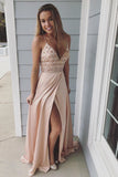 Spaghetti Straps V Neck Slit Prom Dress with Beading, Beaded Prom Gown, Party Dress N826