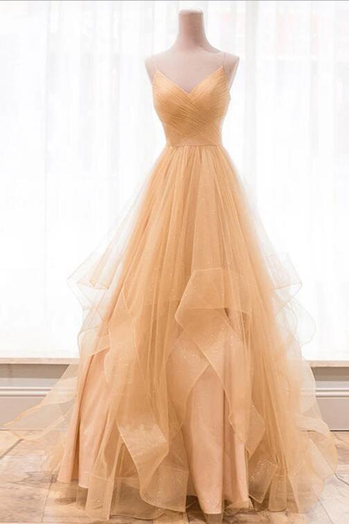 Spaghetti Straps V Neck Sparky Long Prom Dress, Backless Pleated Tulle Party Dresses N2587