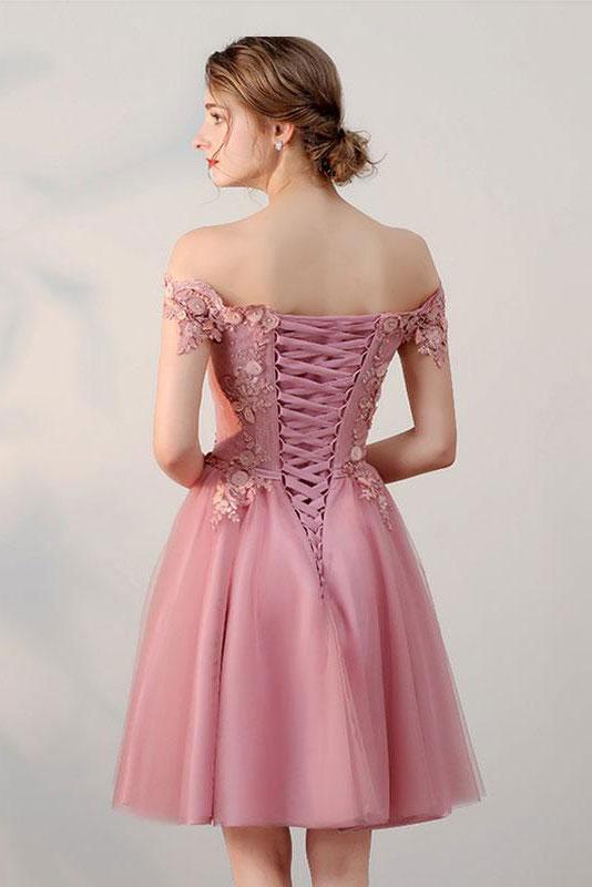 Pink Off the Shoulder Short Tulle Homecoming Dresses with Appliques N1681