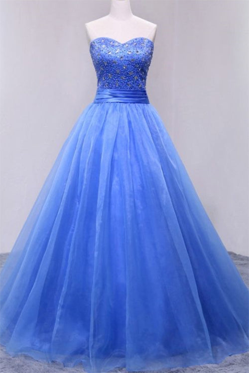 Puffy Sweetheart Organza Floor Length Prom Dress with Beading, Strapless Evening Dress