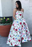 A-Line Strapless High Low White Printed Prom Dress with Pockets, Floral Party Dress N973