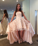 A Line Pink High-low Strapless Ruffles Prom Dresses