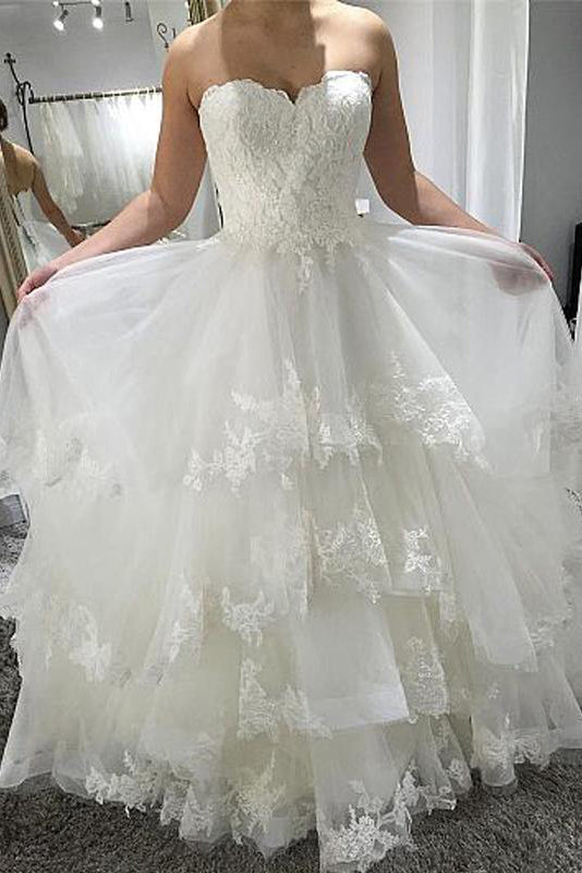 Strapless Beach Wedding Dresses with Lace Tiered Lace Up Back Wedding Dresses N1784