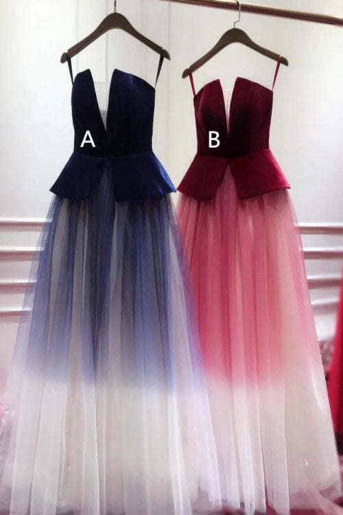 Ombre Blue Tulle Long Prom Dress, Unique New Style Strapless Long Evening Dress N1602