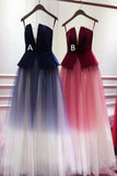 Ombre Blue Tulle Long Prom Dress, Unique New Style Strapless Long Evening Dress N1602