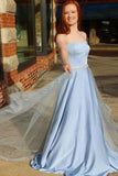 Strapless A Line Satin Prom Dress with Beading Waist, Unique Long Evening Dress
