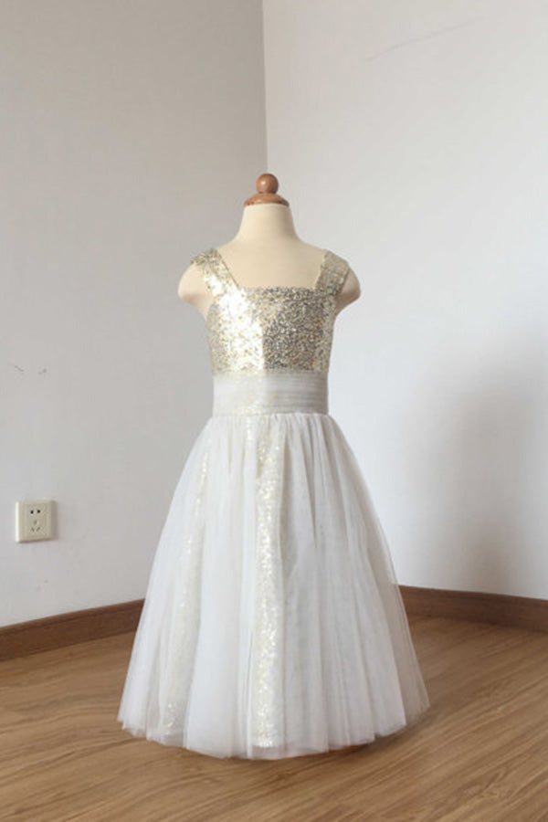 Hot Beautiful Sequin Straps Ivory Tulle Floor Length Flower Girl Dresses F033