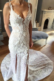 Sheath V-neck Sleeveless Court Train Lace Appliques Bridal Dress,Beach Wedding Gown,N537