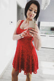A Line Scoop Neck Red Lace Homecoming Dresses N998