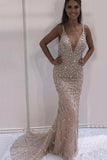 Sexy Deep V Neck Prom Dresses with Beading Sparkly Evening Dresses N1432