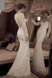 Vintage Ivory Trumpet Long Sleeves Lace Long Beach Wedding Dress,Lace Prom Gown,N544