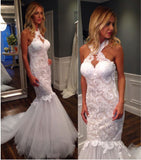 Mermaid Halter Sleeveless Tulle Wedding Dresses with Lace Appliques,Long Bridal Dresses N944