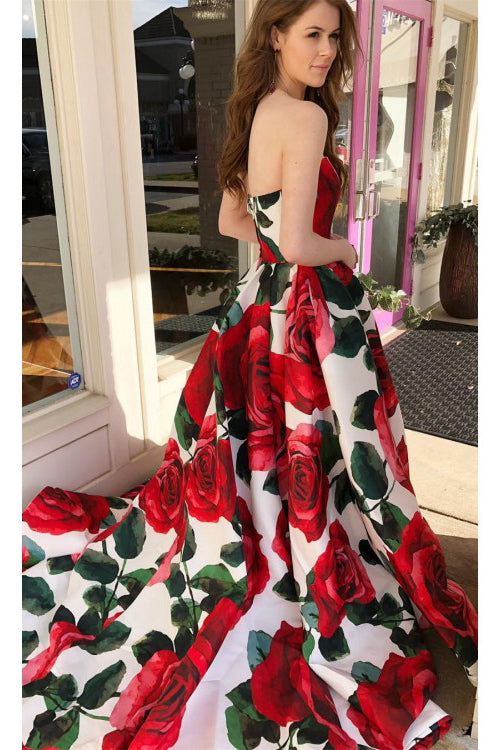 Princess Strapless Sleeveless Floral Long Prom Dresses Sweep Train Ruched Graduation Dresses N836