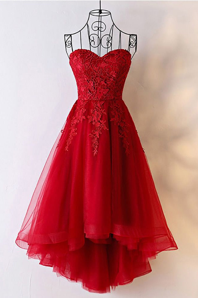 Unique Sweetheart Red High Low Lace Up Back Tulle Prom Dresses With Appliques N824