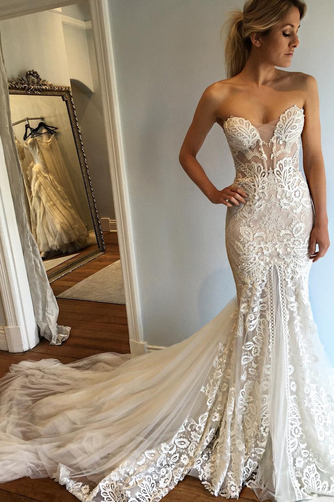 Strapless Mermaid Court Train Sweetheart Wedding Dress with Lace Appliques,N530