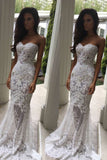 Mermaid Sweetheart Long Lace Wedding Dress Strapless Sweep Train Bridal Dress N523