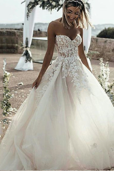 A Line Sweetheart Tulle Lace Applique Ivory Wedding Dresses Long Prom Dresses N1663