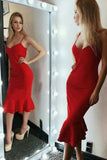 Sheath Spaghetti Straps Tea-Length Red Spaghetti Strap Homecoming Prom Dress N1354