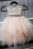 Cheap Princess Light Champagne Tulle Flower Girl Dress with Beading Belt,F014