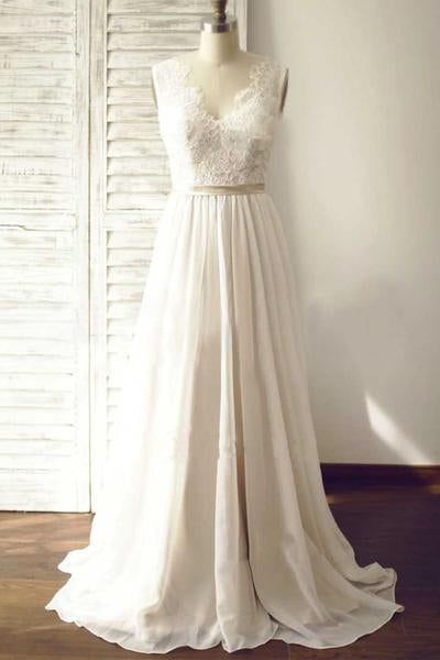 Elegant V-Neck Sleeveless Lace Appliqued Chiffon Beach Wedding Dresses