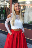 Two Piece Cold Shoulder Prom Dresses with Lace Long Sleeve Red Satin Party Dresses N1550