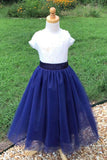 Blue Tulle Long Flower Girl Dresses with Lace Top Cute Flower Girl Dresses with Short Sleeve F052