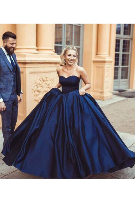 Navy Blue Ball Gown Sweetheart Prom Dresses Princess Satin Strapless Long Prom Gown N1578