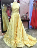A Line Halter Yellow Flower Prom Dresses