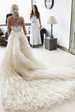A-Line Strapless Tiered Court Train Ivory Tulle Wedding Dresses Beach Wedding Dresses N1507