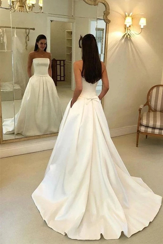 Cheap Strapless Satin Long Wedding Dress, A Line Satin Bridal Dress with Pockets N2633