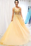 A Line V-Neck Sequins Tulle Floor Length Prom Dress N2570