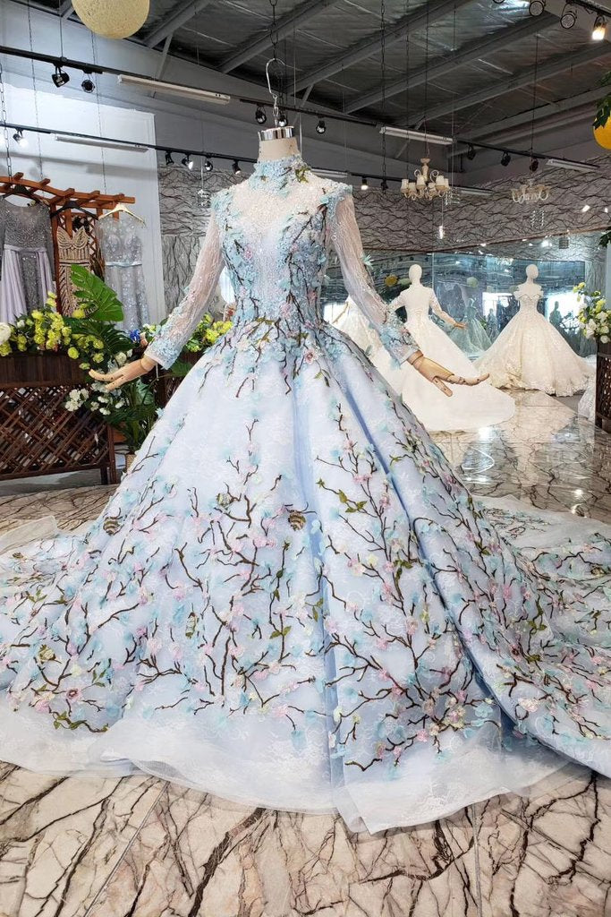 Light Blue Ball Gown Wedding Dresses with Lace Flowers, Beading Quinceanera Dresses N1628