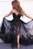 Black Lace Sequins Sweetheart Appliques Long Prom Dress With Slit Evening Dress