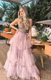 Flowy Spaghetti Straps Long Formal Party Dress Cupcake Prom Dress
