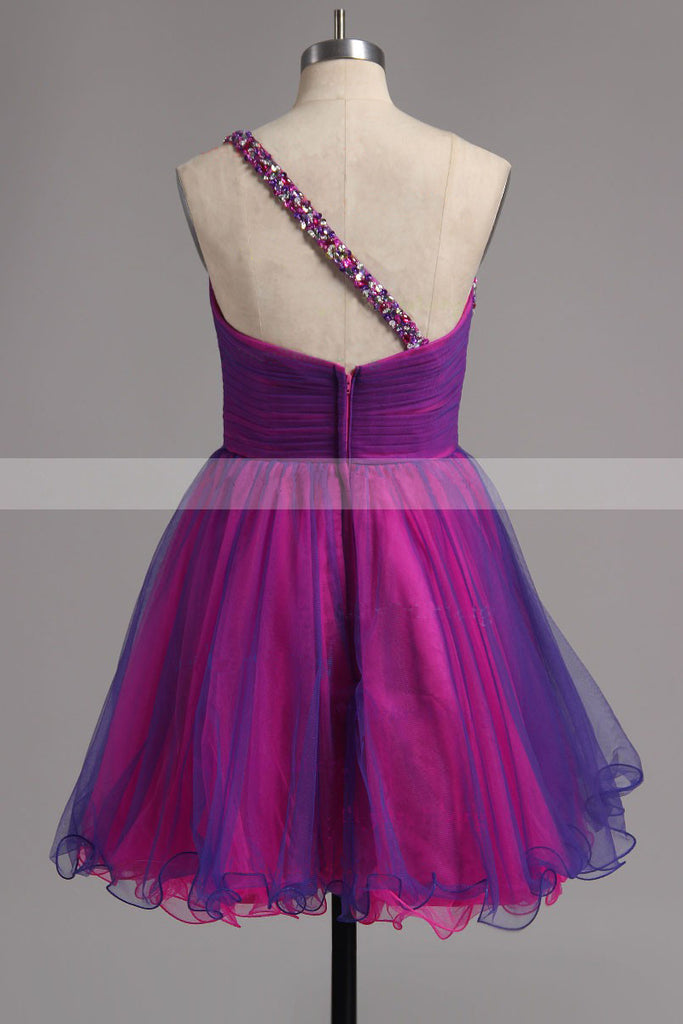 A Line One Shoulder Beading Tulle Ruffles Homecoming Dress