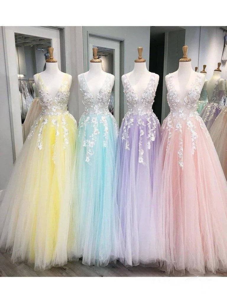 Stunning Lace Applique Long Prom Dress Quinceanera Dress with Flowers N2035
