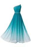 Turquoise Gradient Ombre One Shoulder Chiffon Ruched Dresses with Beaded Embellished Belt N670