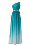 Turquoise Gradient Ombre One Shoulder Chiffon Ruched Dresses with Beaded Embellished Belt N670