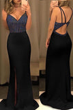 Beaded Spaghetti Straps Evening Dresses With Slit Mermaid Long Prom Dresses