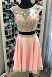 Two Piece Cap Sleeves Chiffon Homecoming Dress with Lace Beading and Flowers N2123