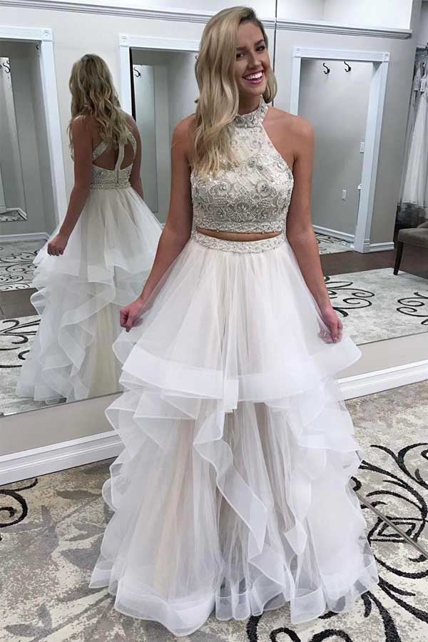 Two Piece High Neck Prom Dress with Beading, Charming Floor Length Party Dress N1593