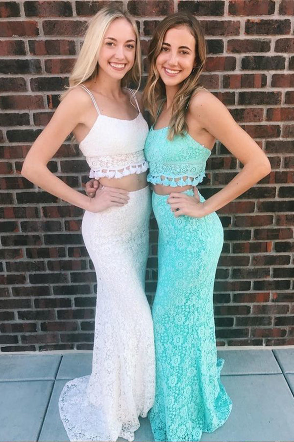 Two Piece Mermaid Spaghetti Straps Floor-Length Lace Prom Dress, Sexy Party Dress N1349