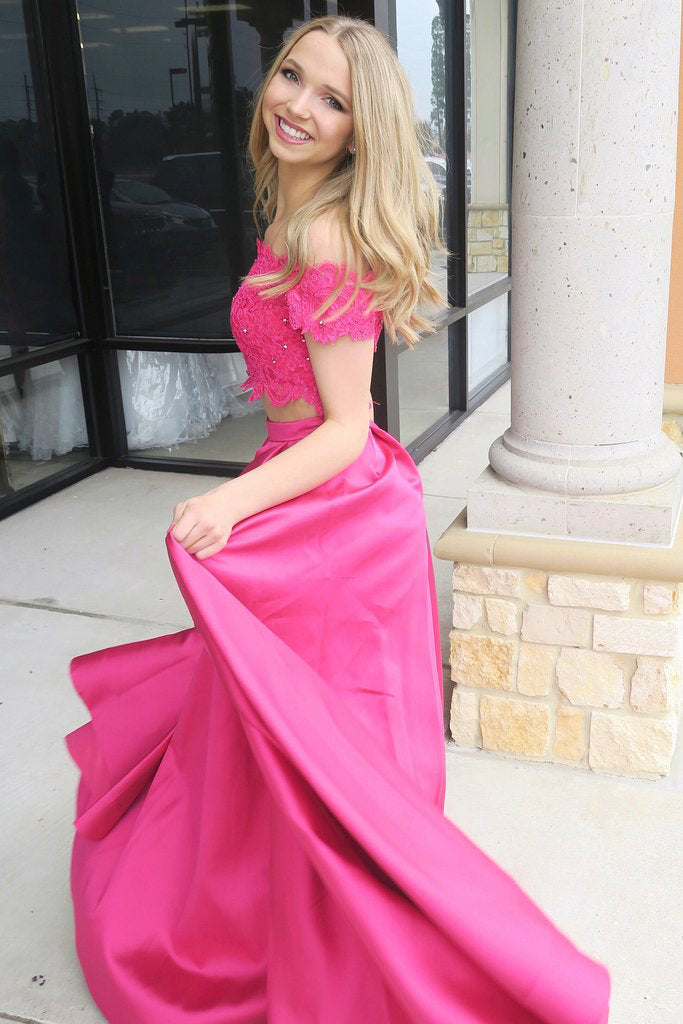 Fuchsia Off Shoulder Prom Dress with Lace, Two Piece Long Satin Formal Dresses