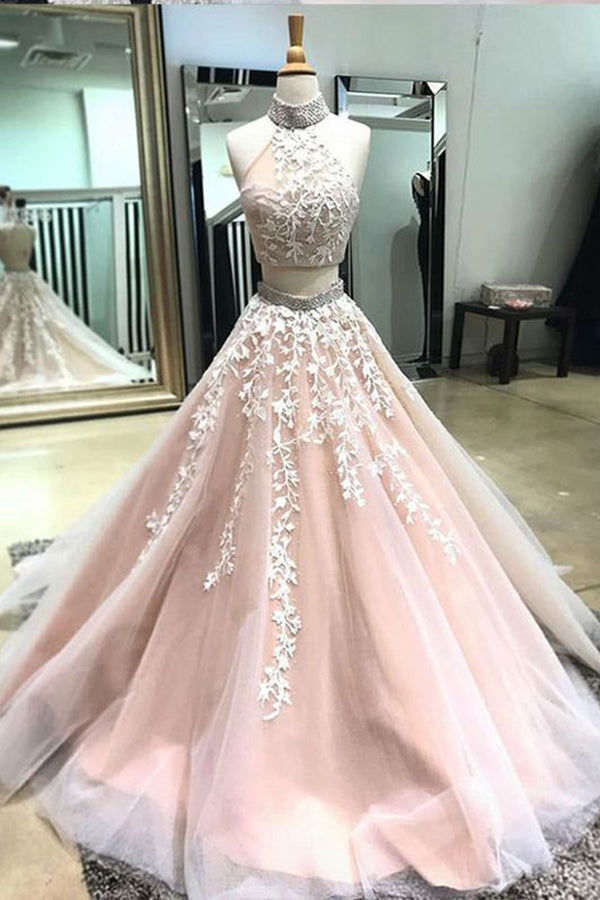 Two Piece High Neck Open Back Appliques Prom Dress with Beads, Long Formal Dress