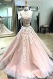 Two Piece High Neck Open Back Appliques Prom Dress with Beads, Long Formal Dress