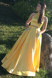 Yellow Satin Two Pieces Halter Long Prom Dresses with Silver Beading N2043