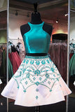 A Line Two Piece Turquoise Short Homecoming Dresses with Beading, Formal Short Prom Dresses